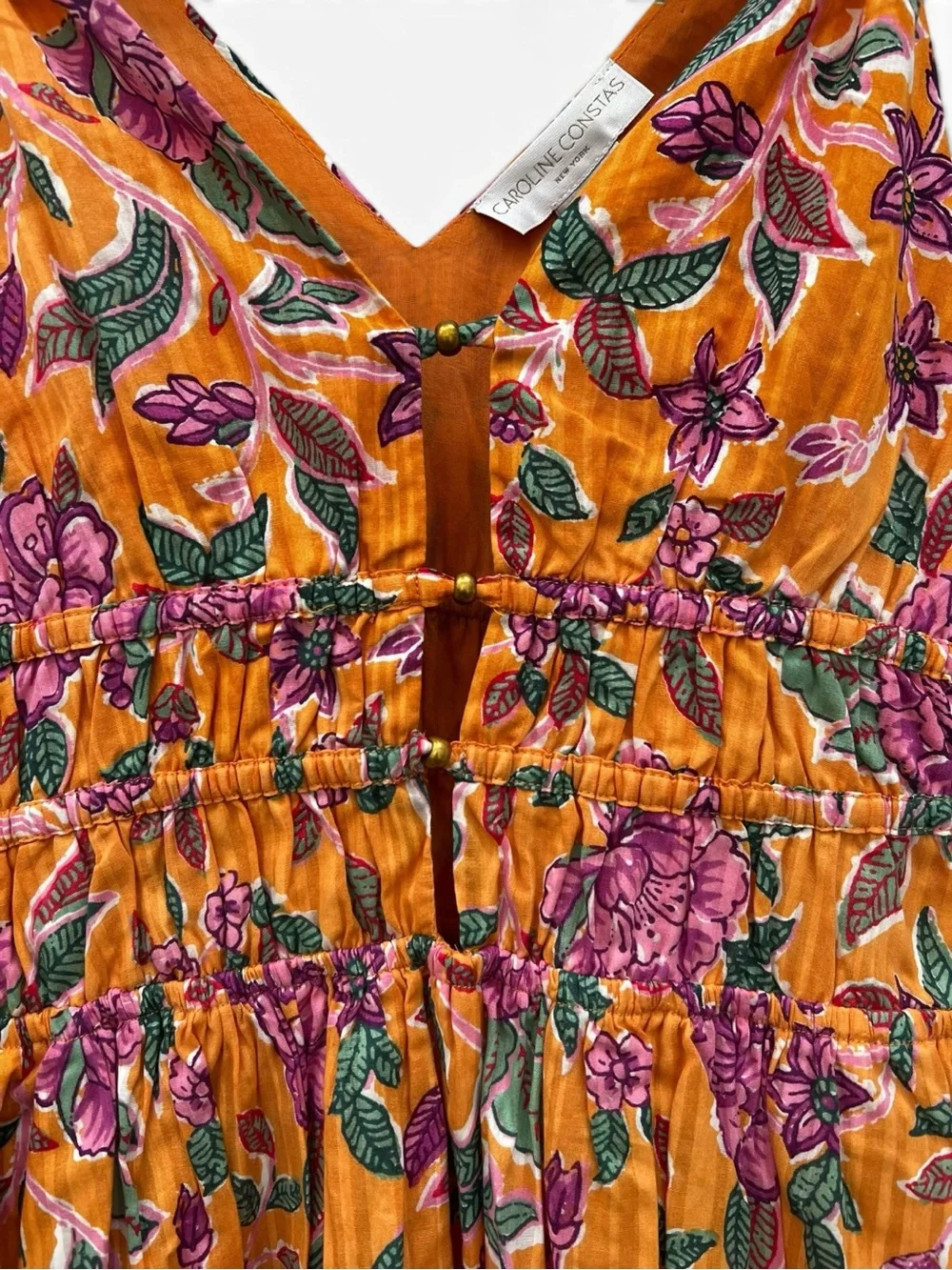 Caroline Constas Yellow Floral Smocked V-Neck Midi Dress NWT XS Boho Resort